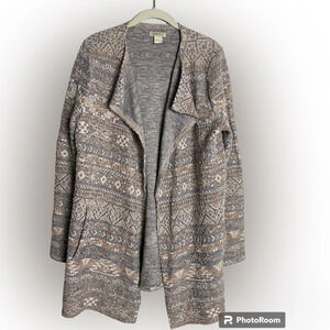 LUCKY Brand Cotton-Linen Tweed Aztec  Print Cardigan Size Large
